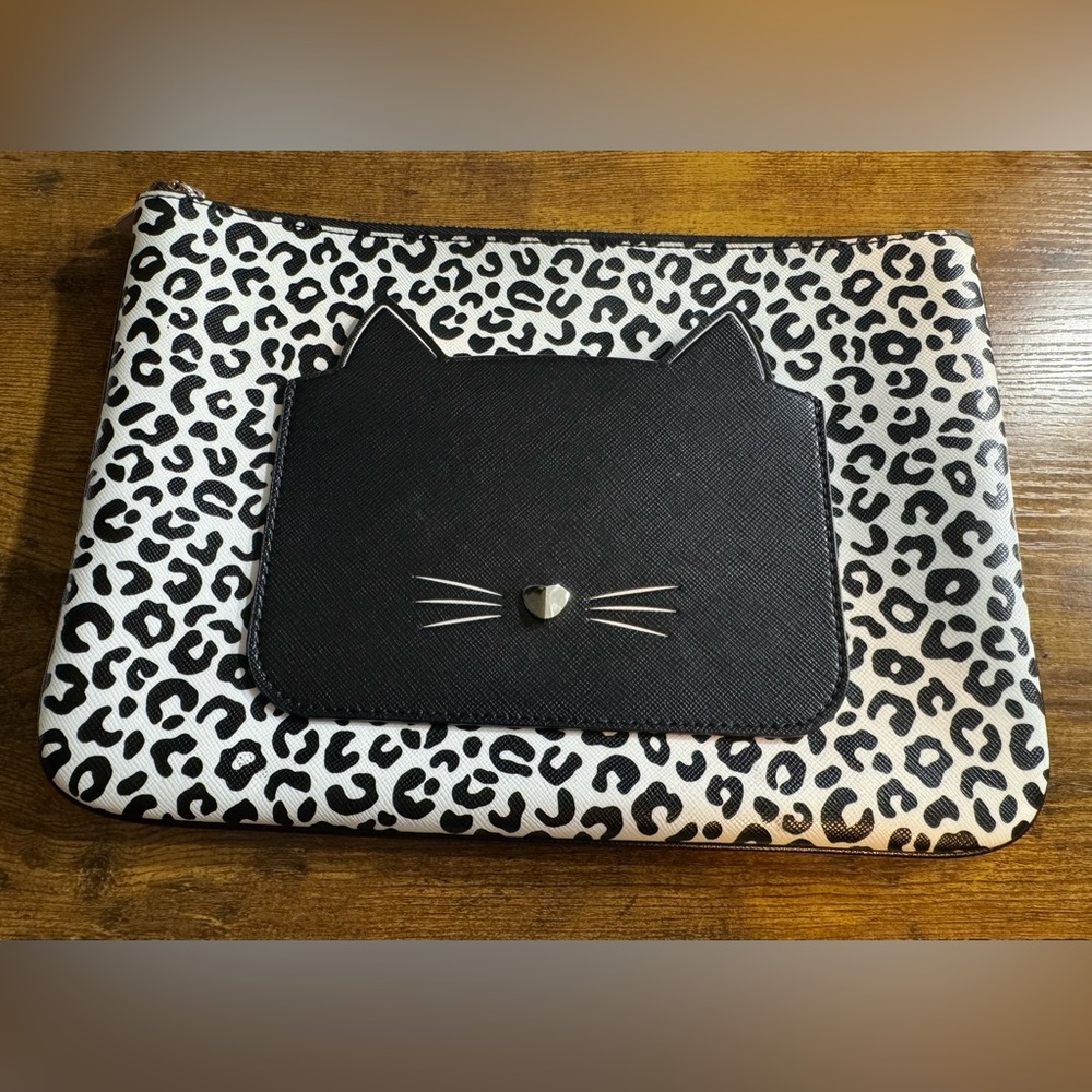 Kate Spade Meow Cat Large Zip Pouch Multi White Leopard Black Cat